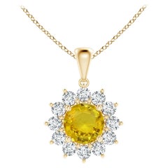 Natural GIA Certified Round 2.1ct Yellow Sapphire Flower Pendant 14K Yellow Gold