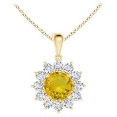 Natural GIA Certified Round 2.1ct Yellow Sapphire Flower Pendant 18K Yellow Gold