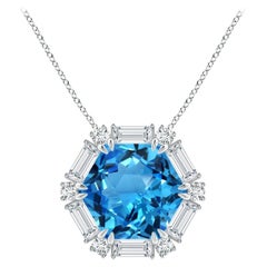 Natural GIA Certified Hexagonal 17.5ct Swiss Blue Topaz Halo Pendant in Platinum