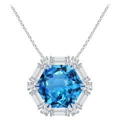 GIA Certified Hexagonal 17.5 ct Swiss Blue Topaz Halo Pendant in 14K White Gold