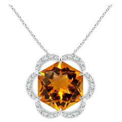 Pendentif hexagonal orné d'un halo floral en platine avec citrine de 13,05 carats, certifiée GIA