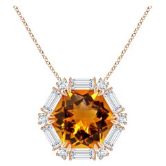 Pendentif hexagonal en or rose 14 carats avec halo de citrine de 13,05 carats, certifié GIA