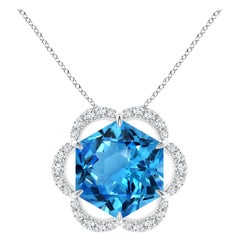 GIA Certified Hexagonal Cut 17.5 ct Swiss Blue Topaz Pendant in 14K White Gold
