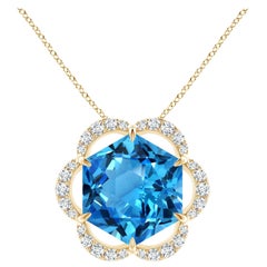 GIA Certified Hexagonal Cut 17.5 ct Swiss Blue Topaz Pendant in 14K Yellow Gold