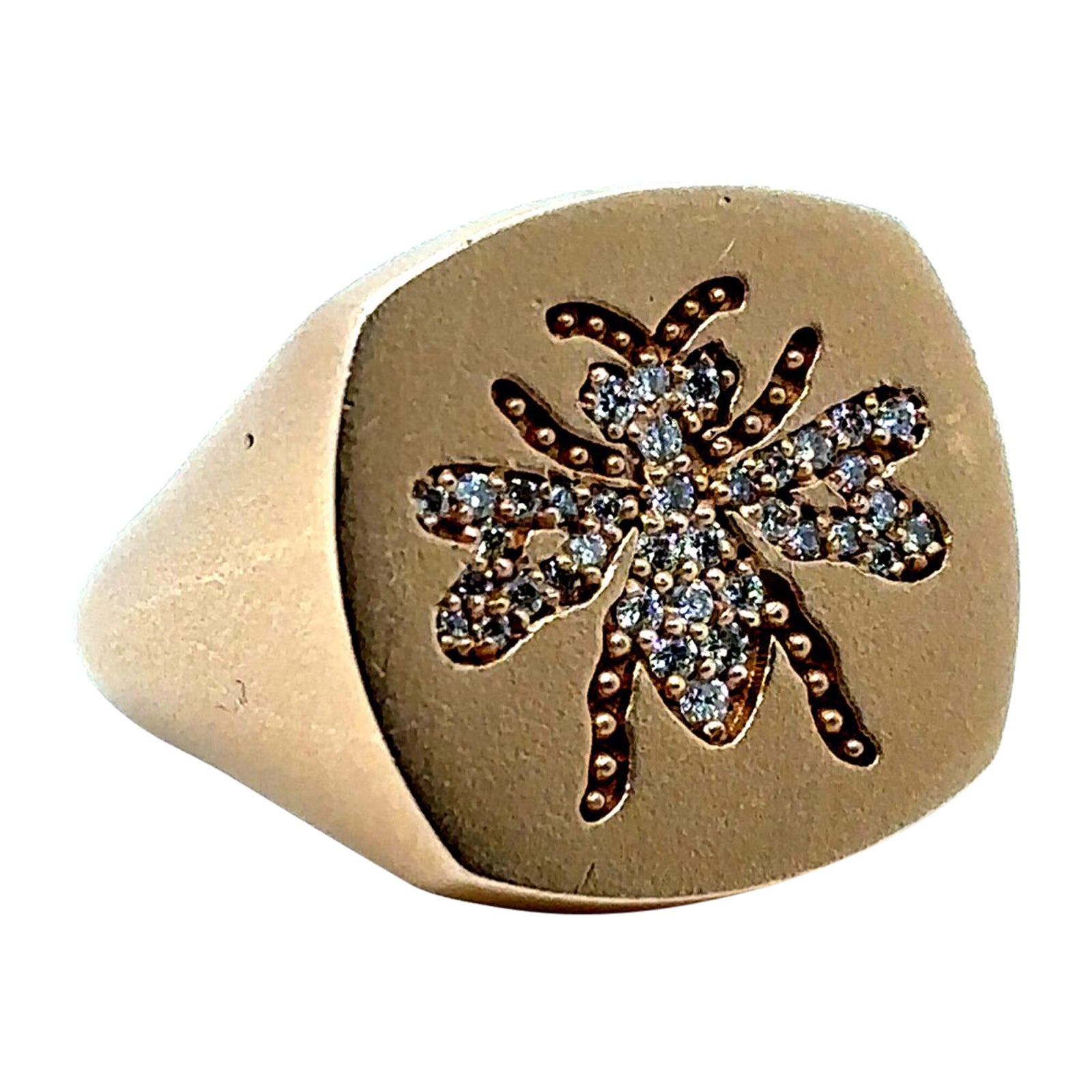 Vintage Diamond Bee Signet Ring 14 Karat Rose Gold