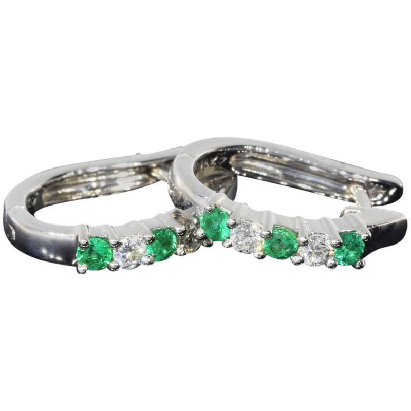 Alluring Emerald Diamond White Gold Hoop Earrings
