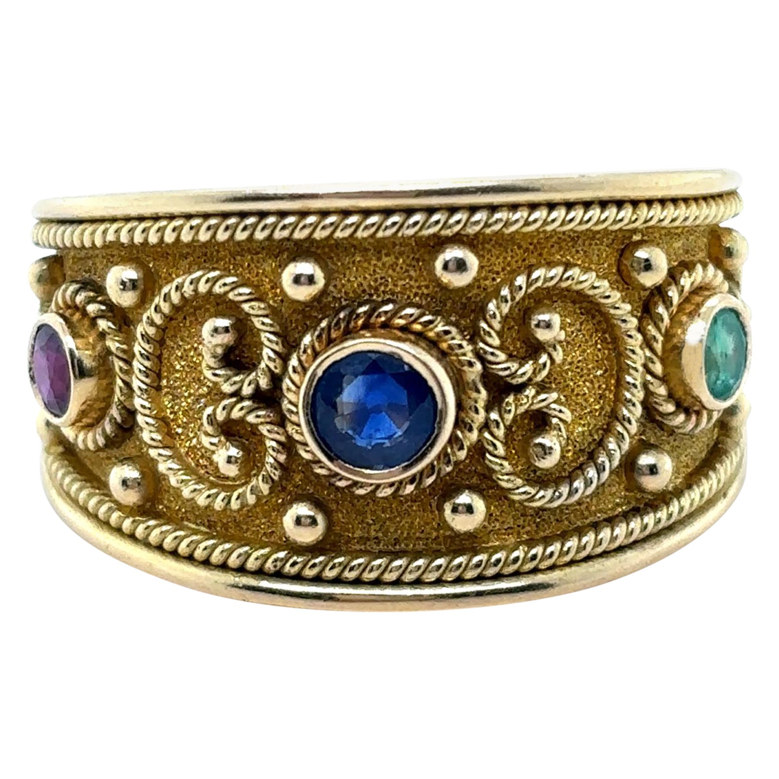 Anillo Esmeralda Zafiro Rubí Estilo Bizancio Oro Amarillo 18 Kilates