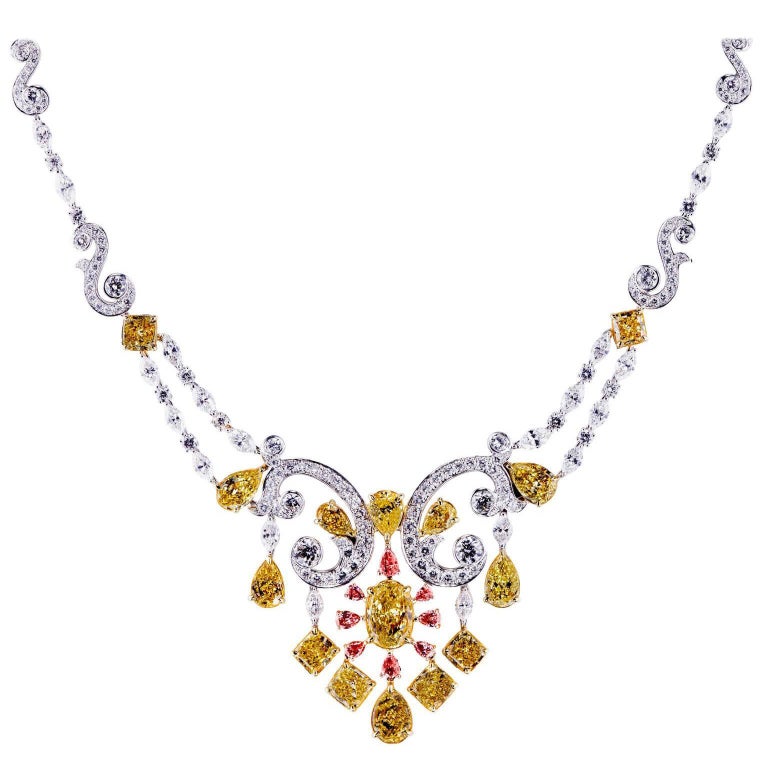 Fancy Intense Yellow, Pink and White Diamond Necklace For Sale at 1stDibs