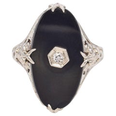Art Deco 14k White Gold Black Onyx Diamond Filigree Ring