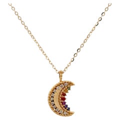 Multi Color Sapphire Diamond Moon Crescent Pendant Necklace 0.21 Carats 18KT