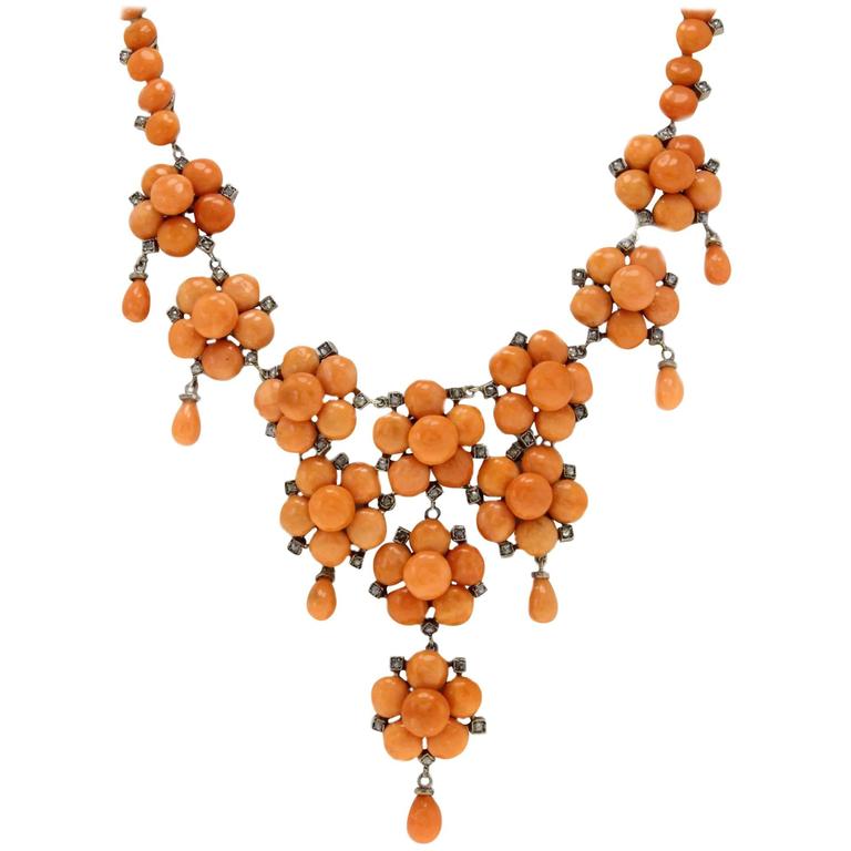 Italian Coral (sciacca) Diamond Gold and Silver Necklace at 1stdibs