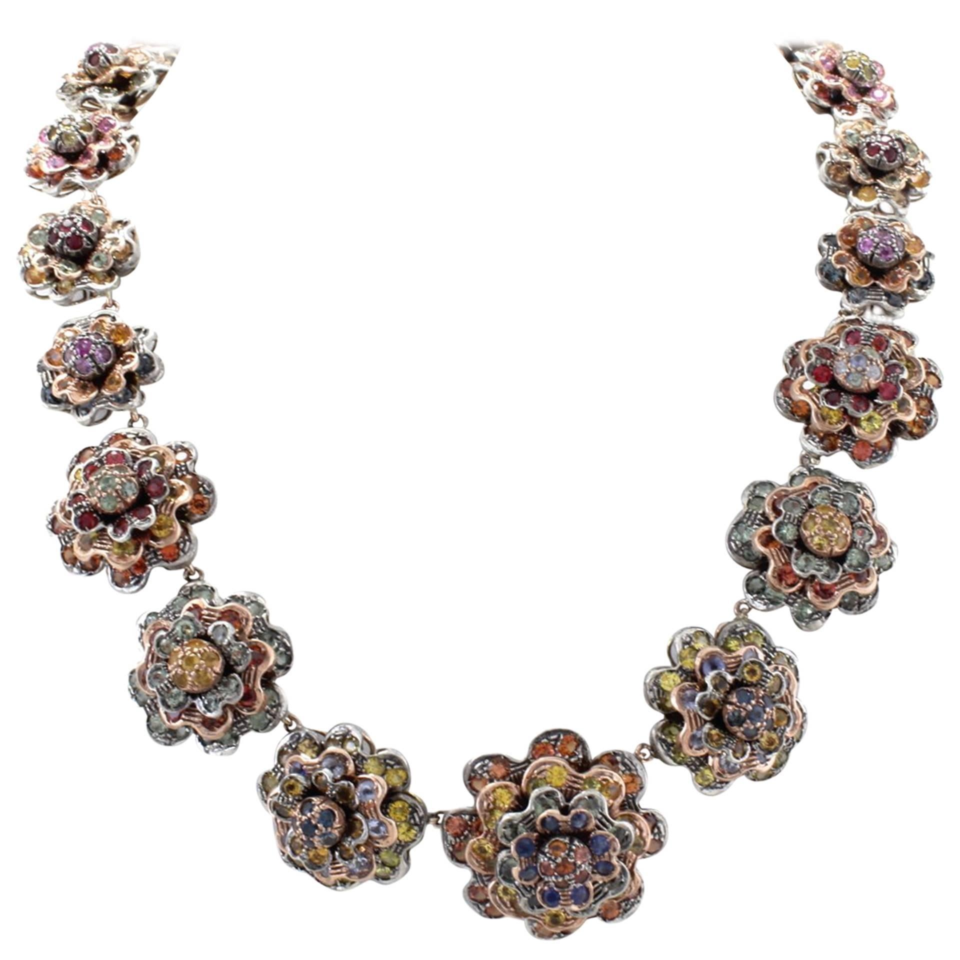 KT 77, 22 sapphire multicolor Choker Gold and Silver  Necklace