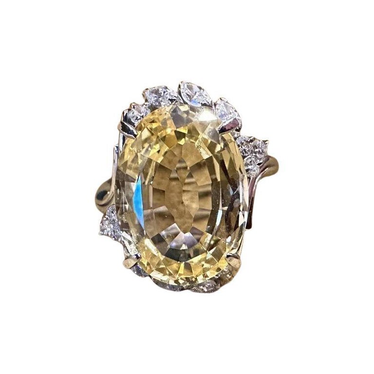 GIA 8.72 Carat Unheated Ceylon Yellow Sapphire & Diamond Ring in Platinum