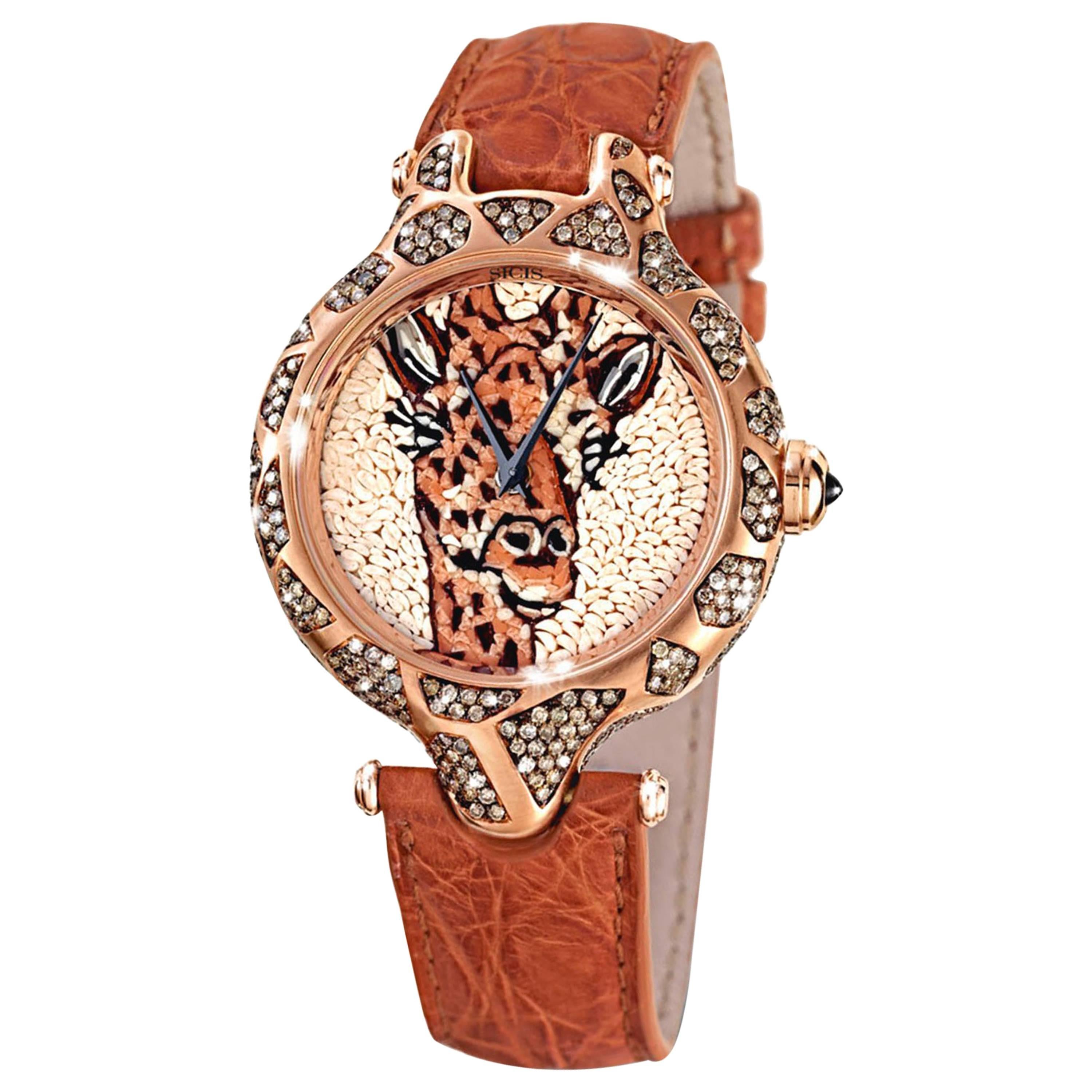 Wristwatch Gold White & Brown Diamonds Sapphires Alligator Strap Micromosaic For Sale