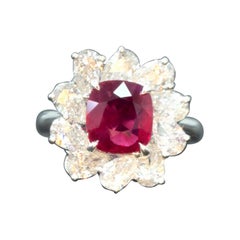 Gubelin Certified 2.45 Carat Burma No Heat Ruby White Diamond Platinum Ring