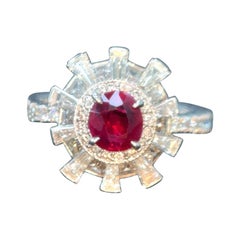 Gubelin Certified 0.93 Carat Burma No Heat Ruby White Diamond 18K Gold Ring