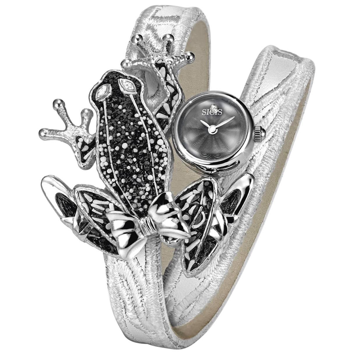 Stylish Wristwatch Silver White Diamonds Guilloche Dial Decorated Micromosaic