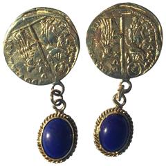 Venetian Coin Lapis Lazuli Cabochon Stud Drop Earrings