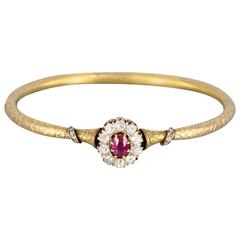 Faberge Edwardian Ruby Diamond Gold Bangle Bracelet
