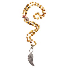 CLARISSA BRONFMAN Honey Tiger's Eye Emerald Ruby Necklace & Diamond Angel Wing