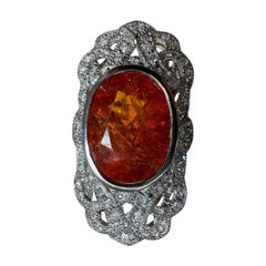 14K White Gold Art Deco Style Diamond 17.50 Carat Oval Spessartite Garnet Ring