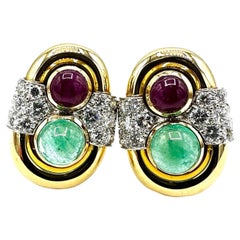 David Webb Ruby Emerald and Diamond 18K Yellow Gold Earrings
