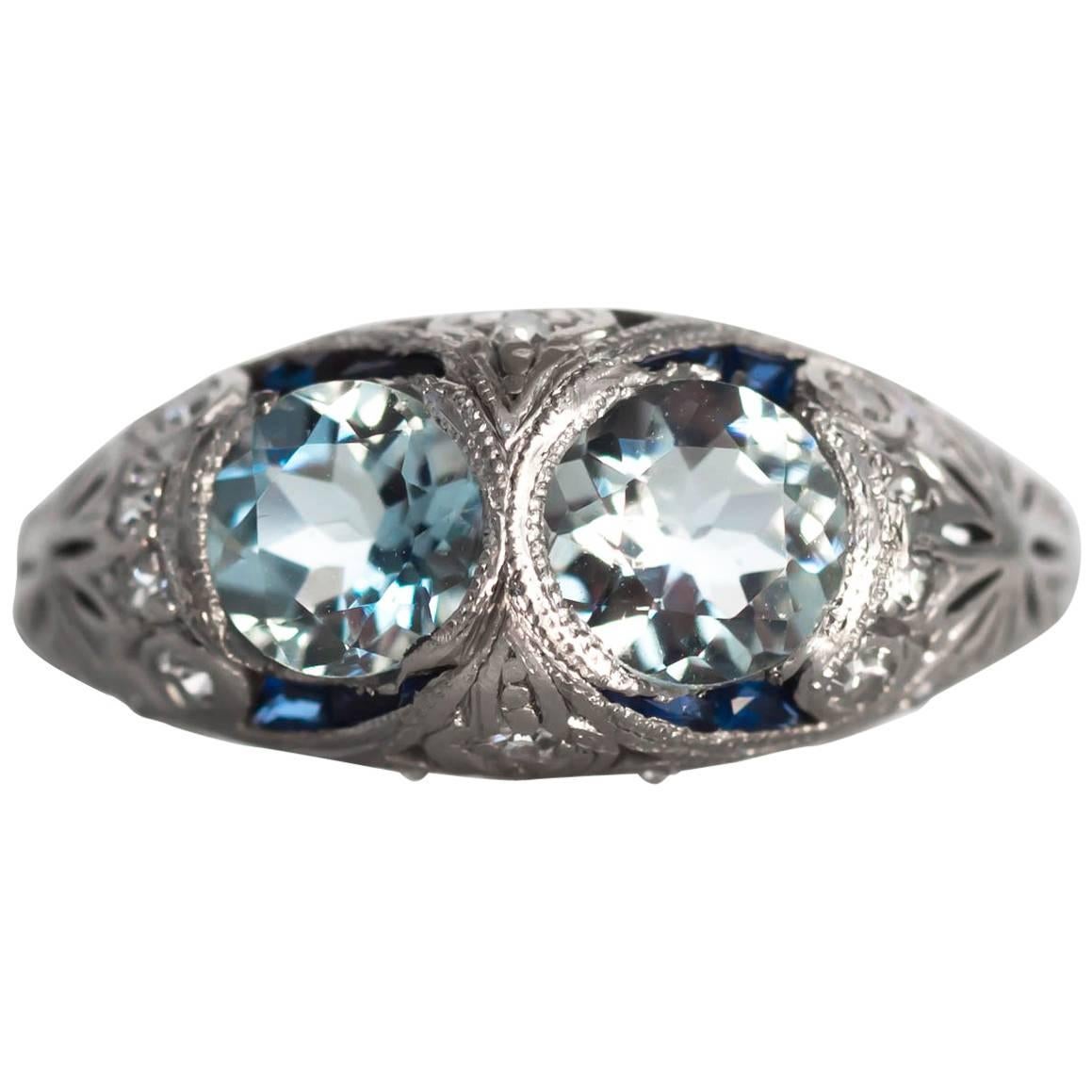 1920s Art Deco Aquamarine Sapphire Diamond Platinum Engagement Ring