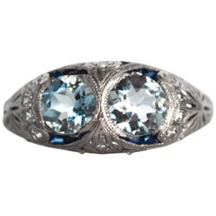 1920s Art Deco Aquamarine Sapphire Diamond Platinum Engagement Ring