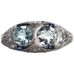 1920s Art Deco Aquamarine Sapphire Diamond Platinum Engagement Ring 3