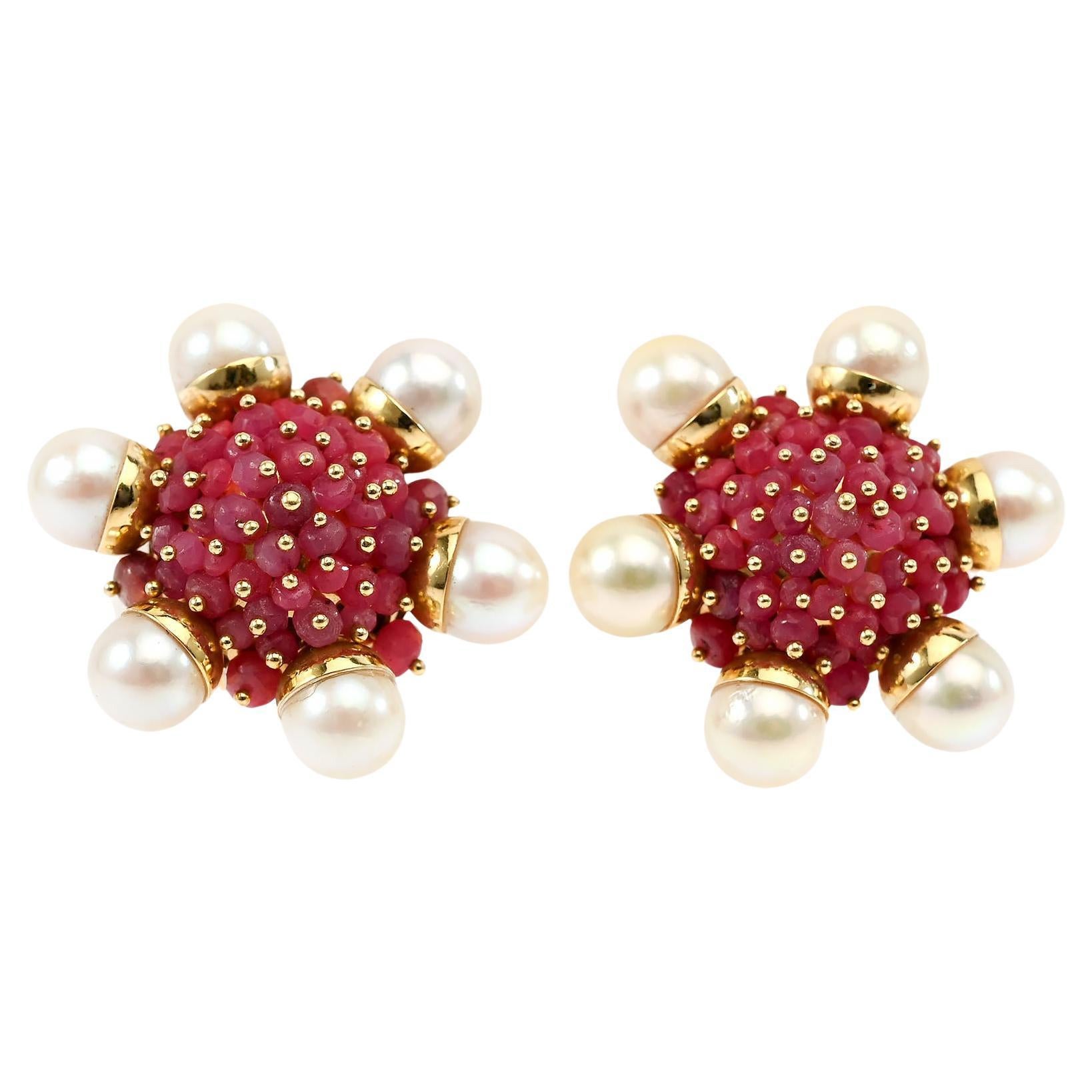 Ruby and Pearl Cluster Earrings