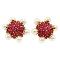 Ruby and Pearl Cluster Earrings