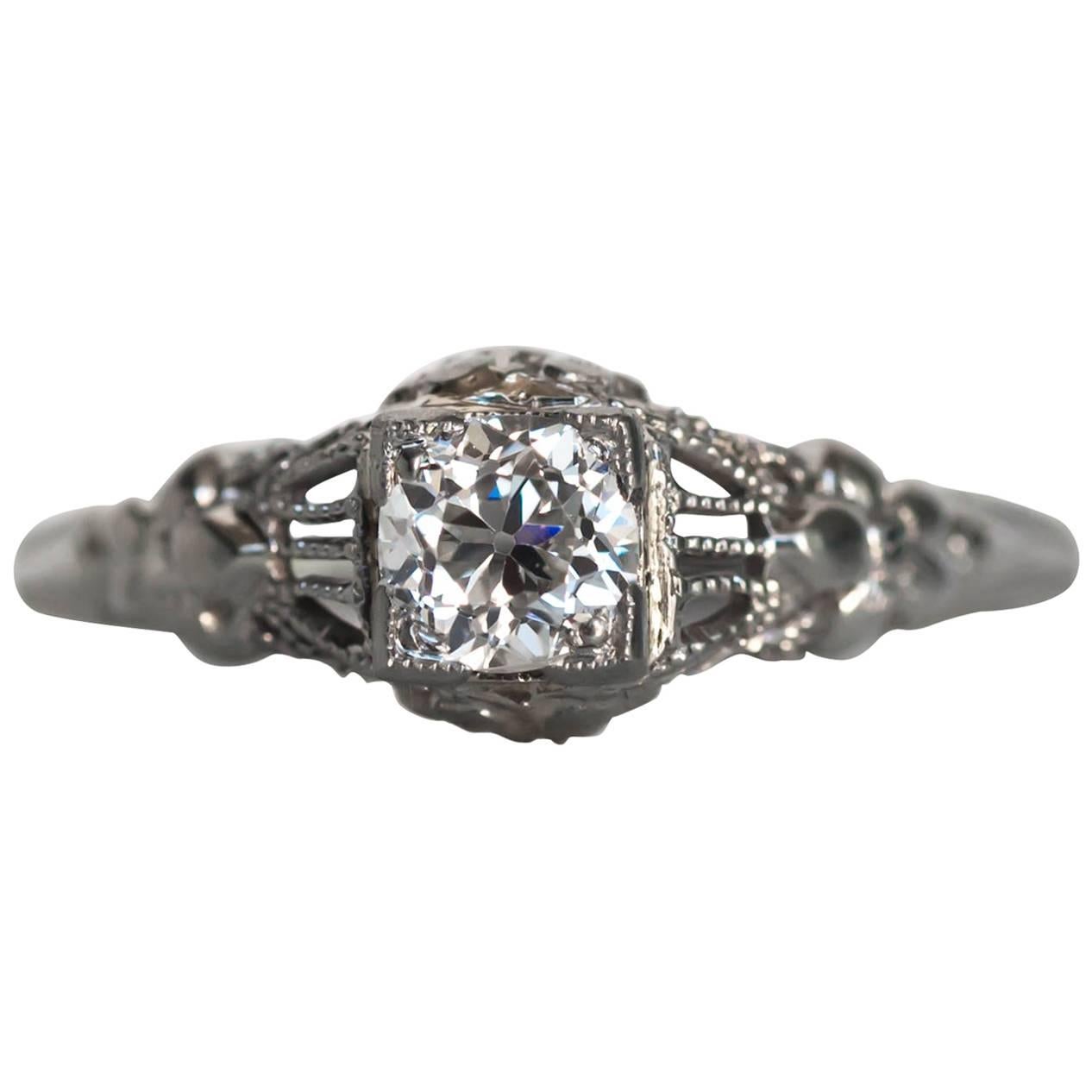 1940s Art Deco .28 Carat Old European Cut Diamond White Gold Engagement Ring For Sale