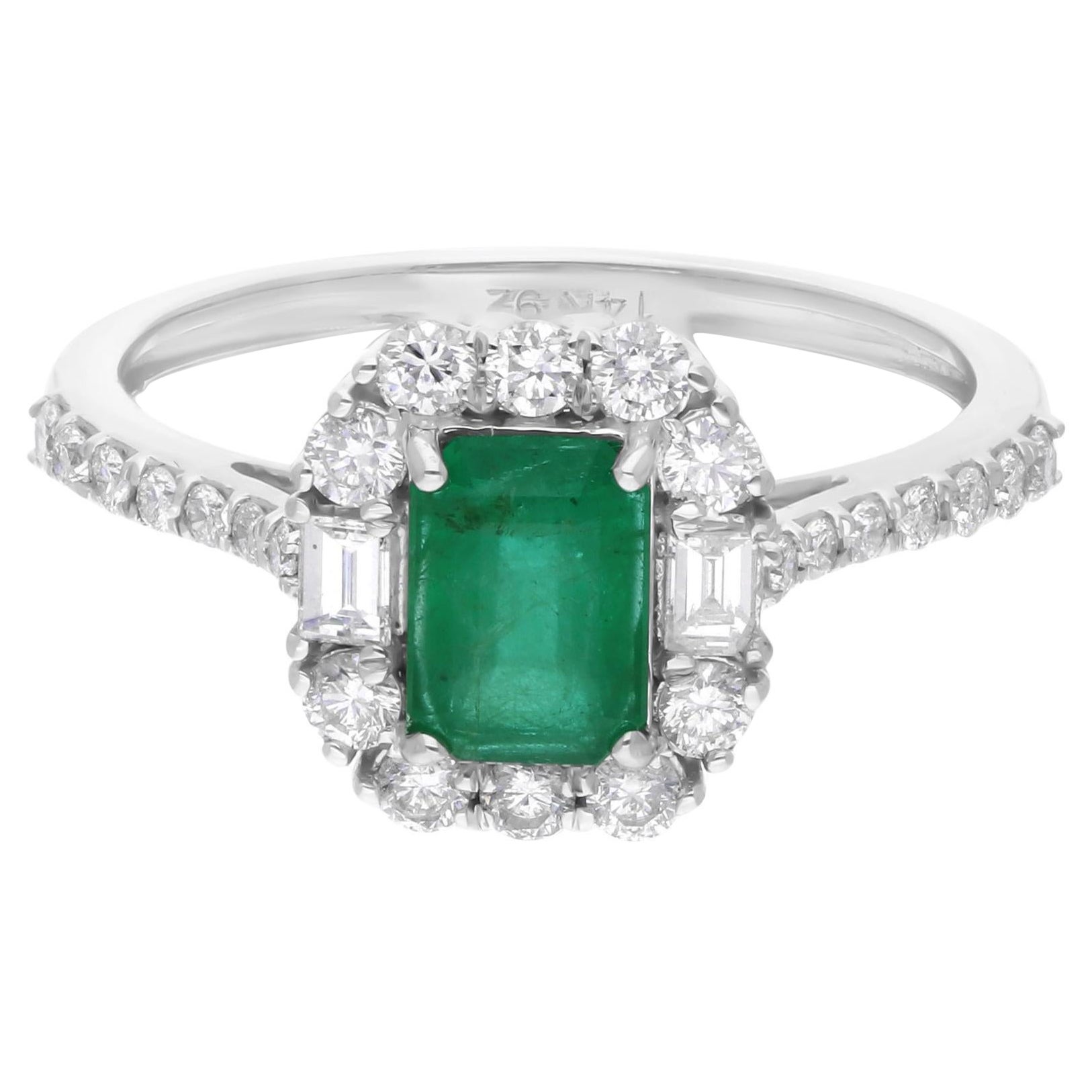 0,87 Ct. Esmeralda zambiana Anillo de cóctel 0,58 qt. Diamante SI/H Oro Blanco 14 Quilates