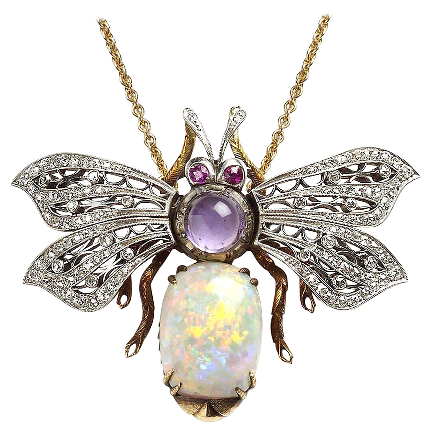 Vintage Opal, Diamond, Amethyst and Gold Bee Pendant For Sale