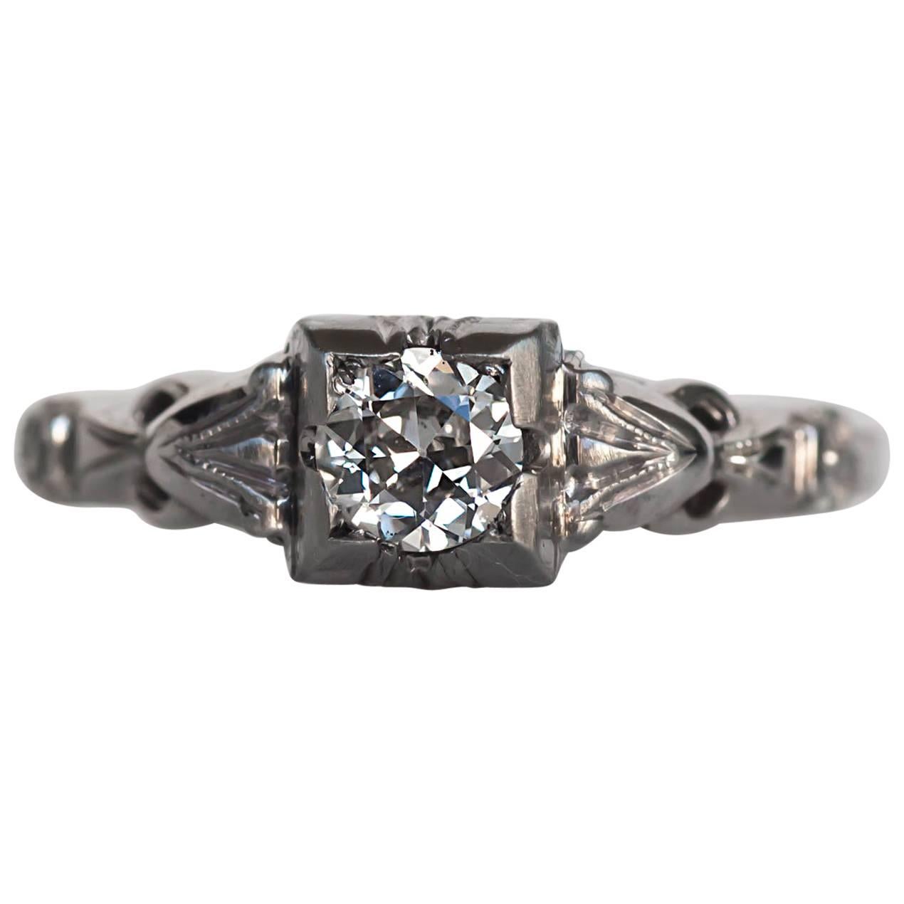 1940s Art Deco .32 Carat Old European Cut Diamond White Gold Engagement Ring