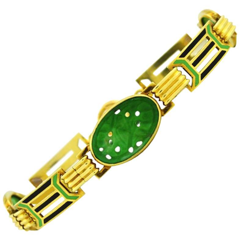 1920s Art Deco Enamel Carved Jade Gold Link Bracelet