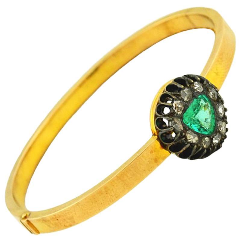 Victorian Emerald Diamond Gold Bangle Bracelet For Sale