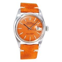 Rolex Edelstahl Vintage Datejust mit maßgefertigtem orangefarbenem Zifferblatt, 1970er Jahre