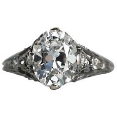 1910s Edwardian Platinum GIA Certified 2.24 Carat Antique Oval Cut Diamond Ring