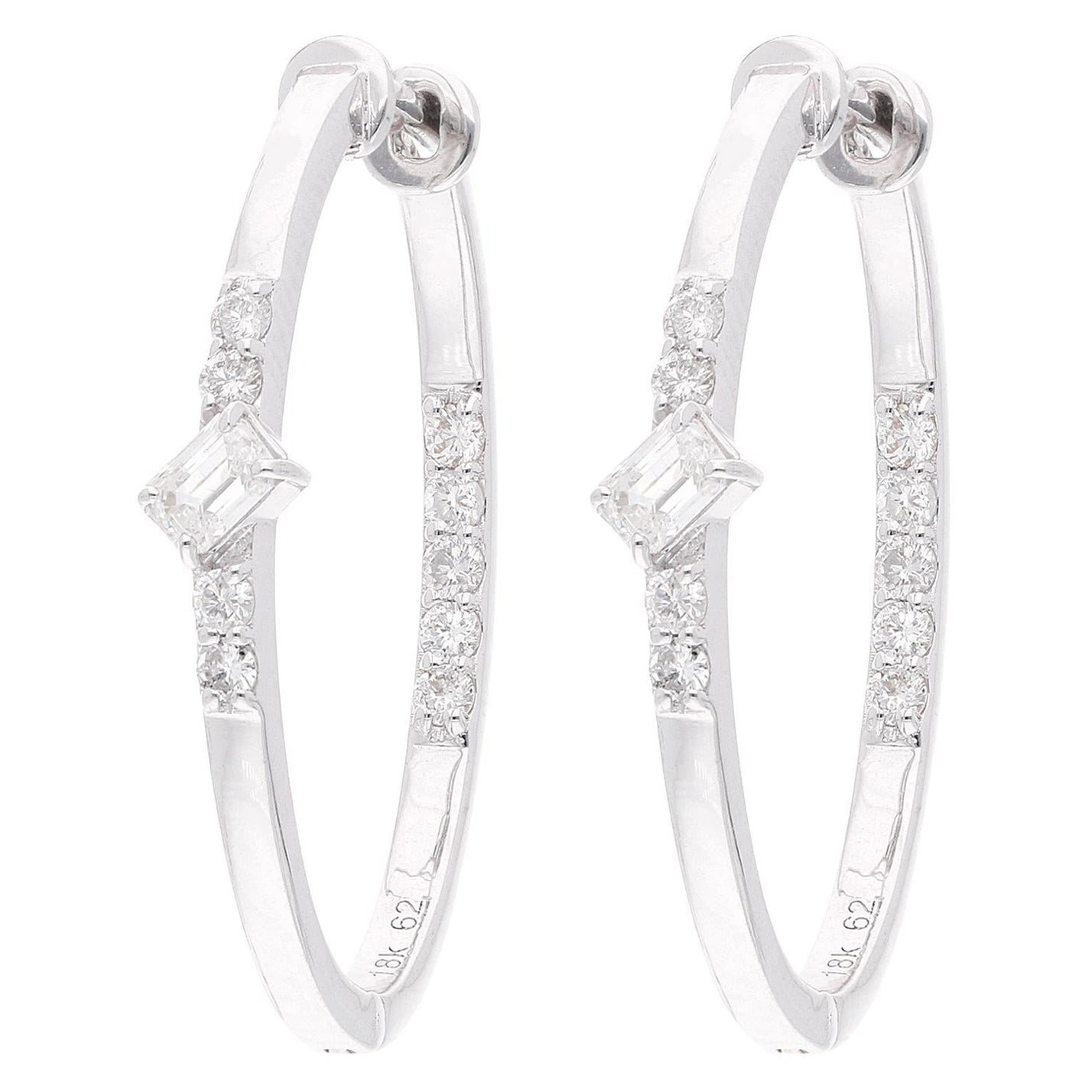 Natural 0.86 Carat SI/H Baguette Diamond Hoop Earrings 18k White Gold Jewelry