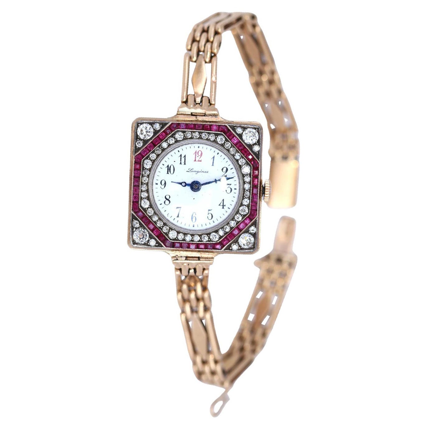 Longines Montre de collection unique en or 56 diamants et rubis pour femme importante, 1910 en vente