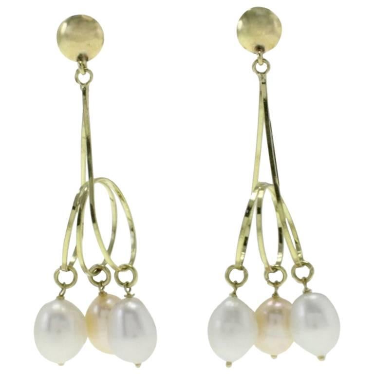 Luise Three Ring Yellow Gold Pearl Drop Earrings For Sale