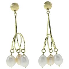 Luise Three Ring Yellow Gold Pearl Drop Earrings 5