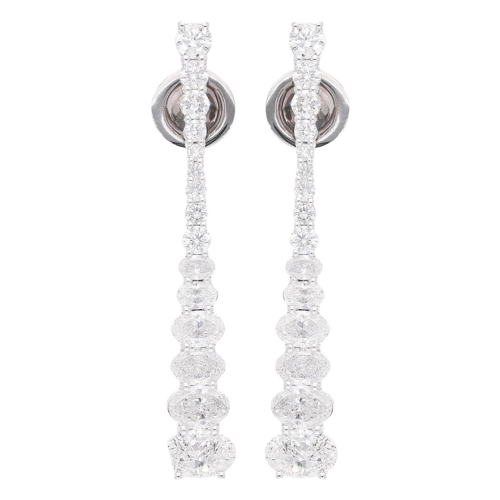 3.37 Carat SI/H Oval & Round Graduated Diamond Dangle Earrings 18k White Gold