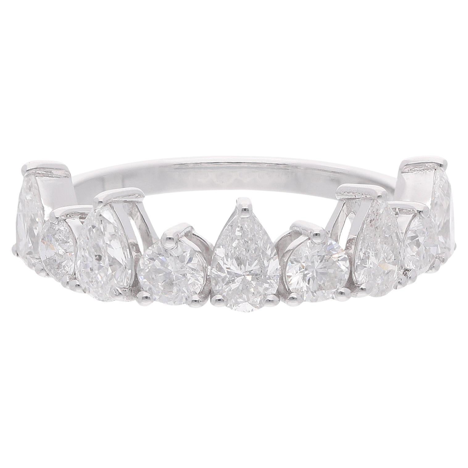 1.69 Carat SI Clarity HI Color Pear Round Diamond Half Band Ring 18k White Gold