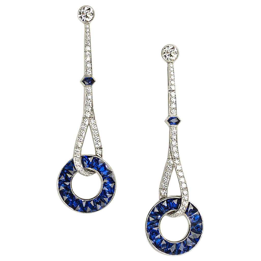 Modern Sapphire, Diamond and Platinum Drop Earrings