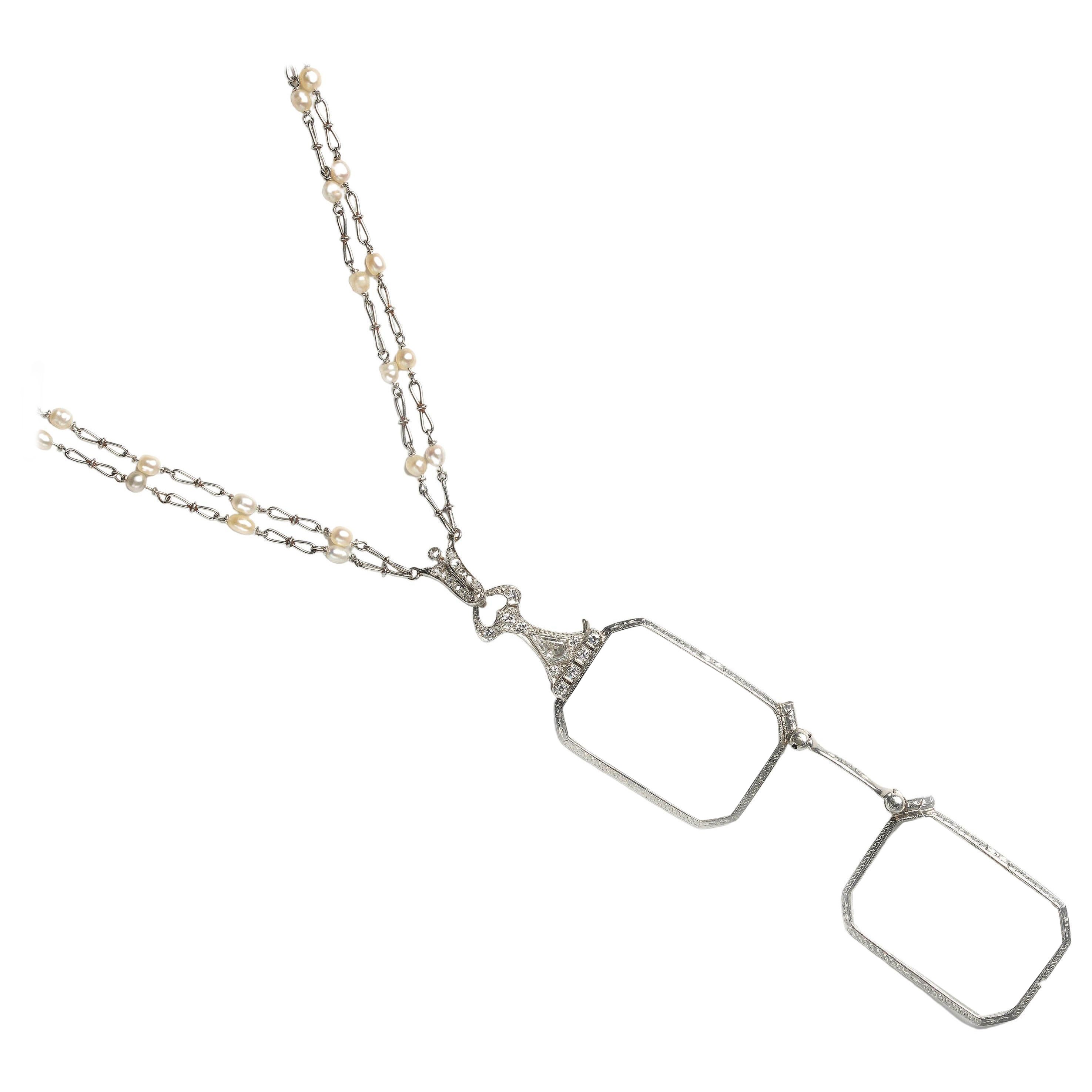 Durand & Co. Lorgnette und Kette aus Platin mit Diamanten, Perlen und Platin im Art déco-Stil, um 1930
