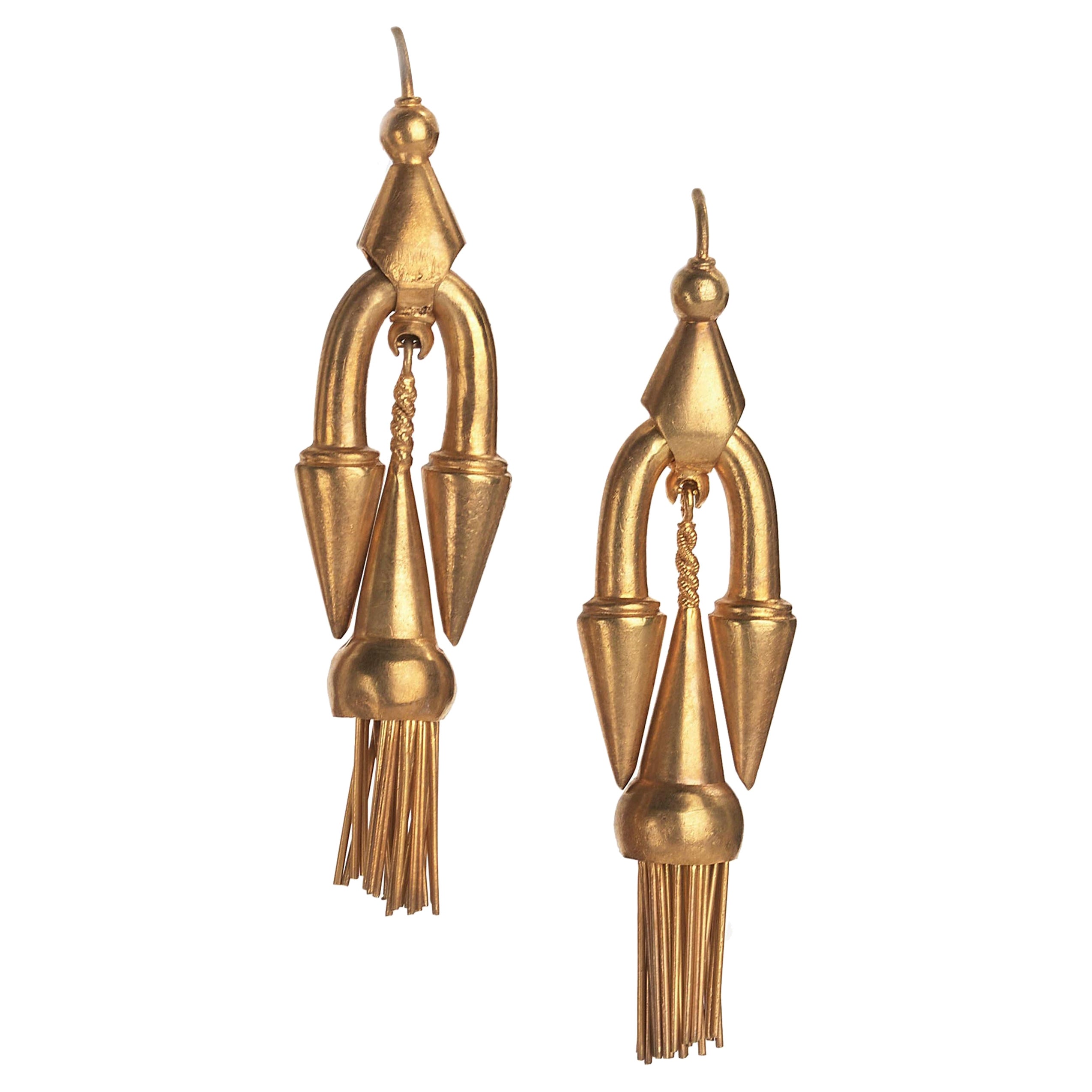Victorian Gold Etruscan Style Drop Earrings, Circa 1875