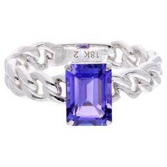 1.95 Carat Solitaire Emerald Cut Tanzanite Ring Zigzag Band 18k White Gold