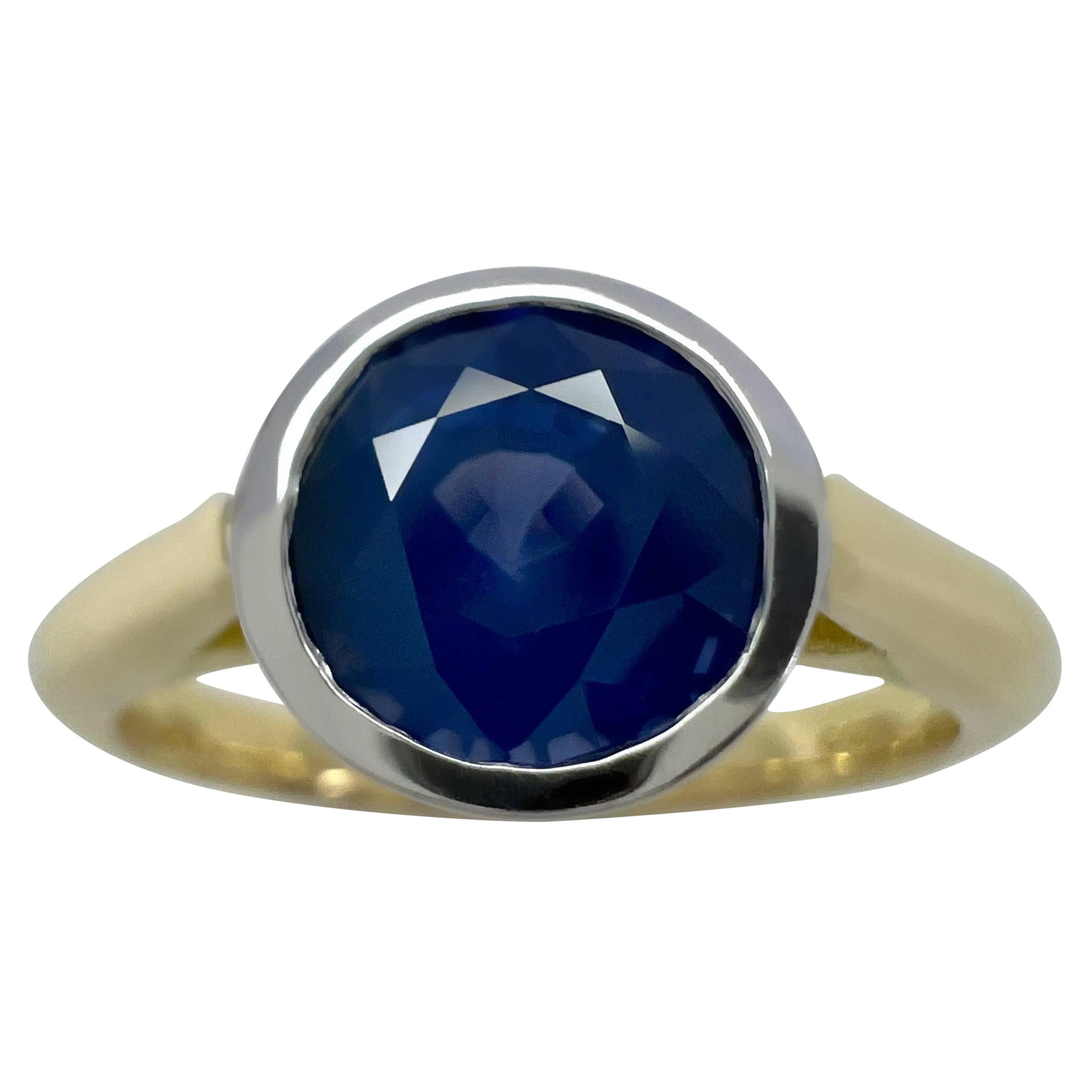 2.05ct Purplish Blue Ceylon Sapphire Round 18k Gold Bezel Rubover Solitaire Ring